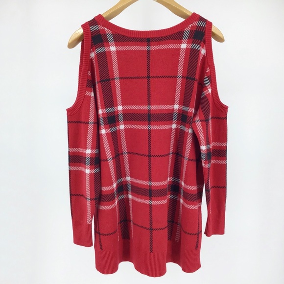 Love & Legend Red Tartan Cold Shoulder Sweater, 0X - Picture 8 of 16